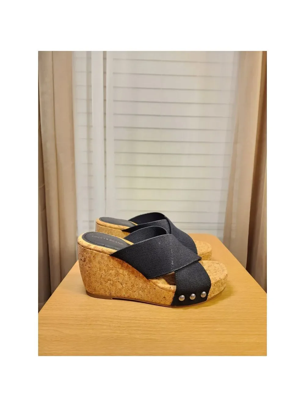 Lucky Brand Studded Criss-cross Cork Platform Wedge Slip On Sandals - 10 M BLACK